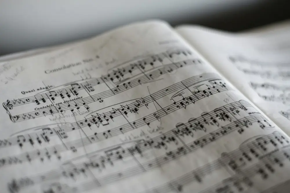 Tilt selective photograph of music notes, illustrating music and expression